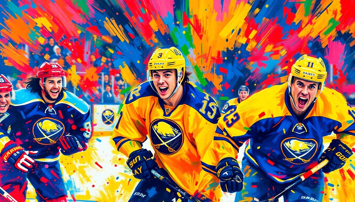 An abstract, expressionist painting in neon colors capturing the raw energy and excitement of a Sabres playoff hockey game, with players' faces and jerseys dissolving into unrecognizable splatters of color.