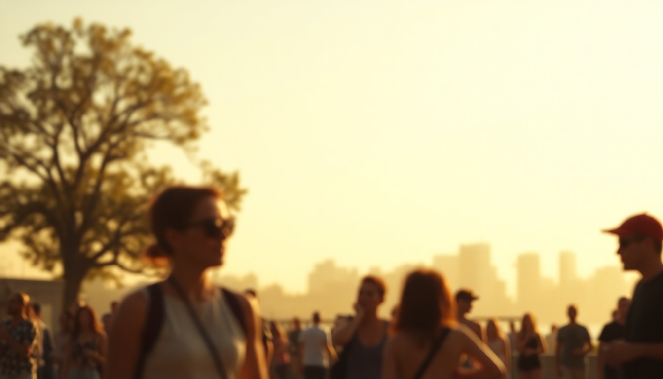 An impressionistic, out-of-focus photograph depicting the soft, warm glow of an outdoor recreation area, with the silhouettes of trees and structures visible in the background, conveying a sense of nostalgia and leisure.