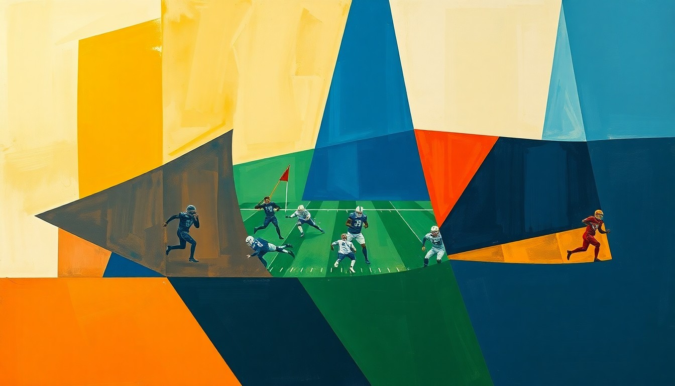 A fragmented, cubist-style painting depicting a flag football game, with players and the field broken down into sharp, overlapping geometric shapes in a palette of navy, green, and orange.