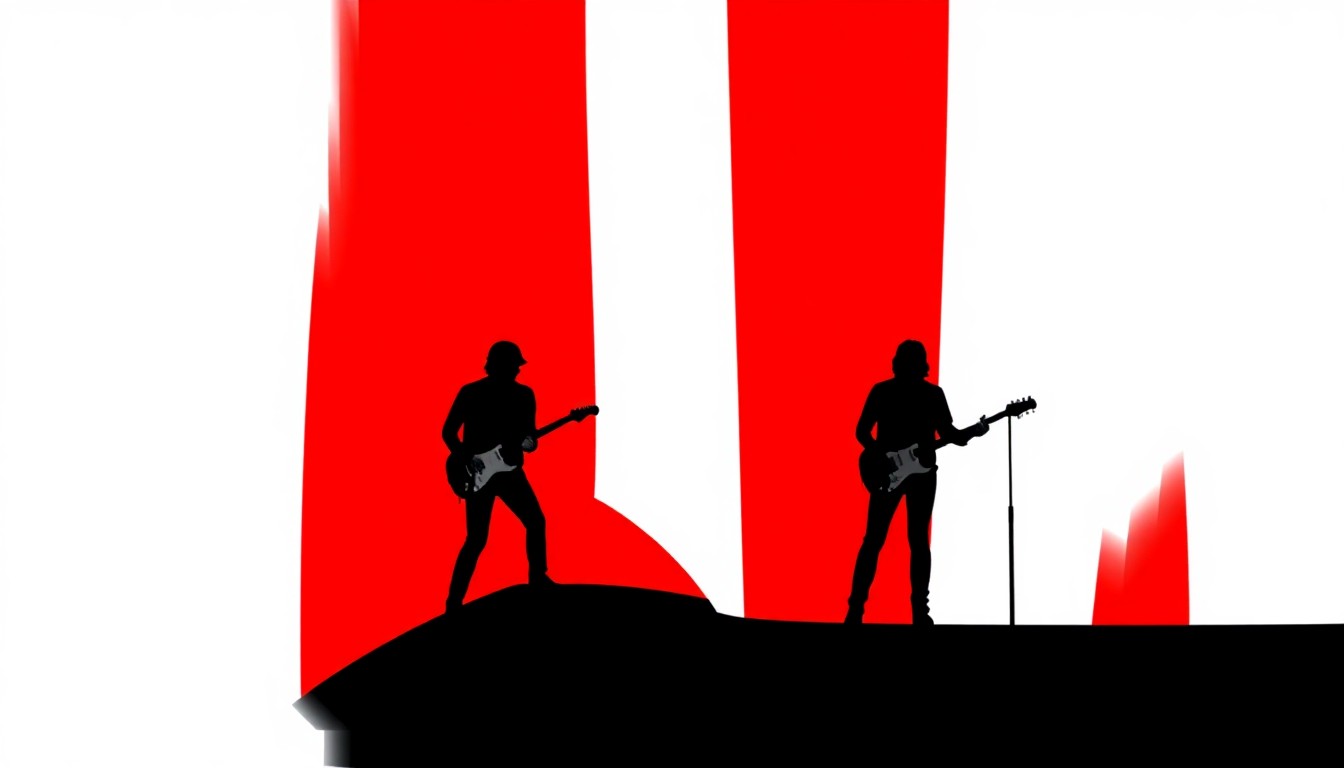 A striking black silhouette of a guitar against a bright red background, conceptually representing the Foo Fighters' new music and live shows.