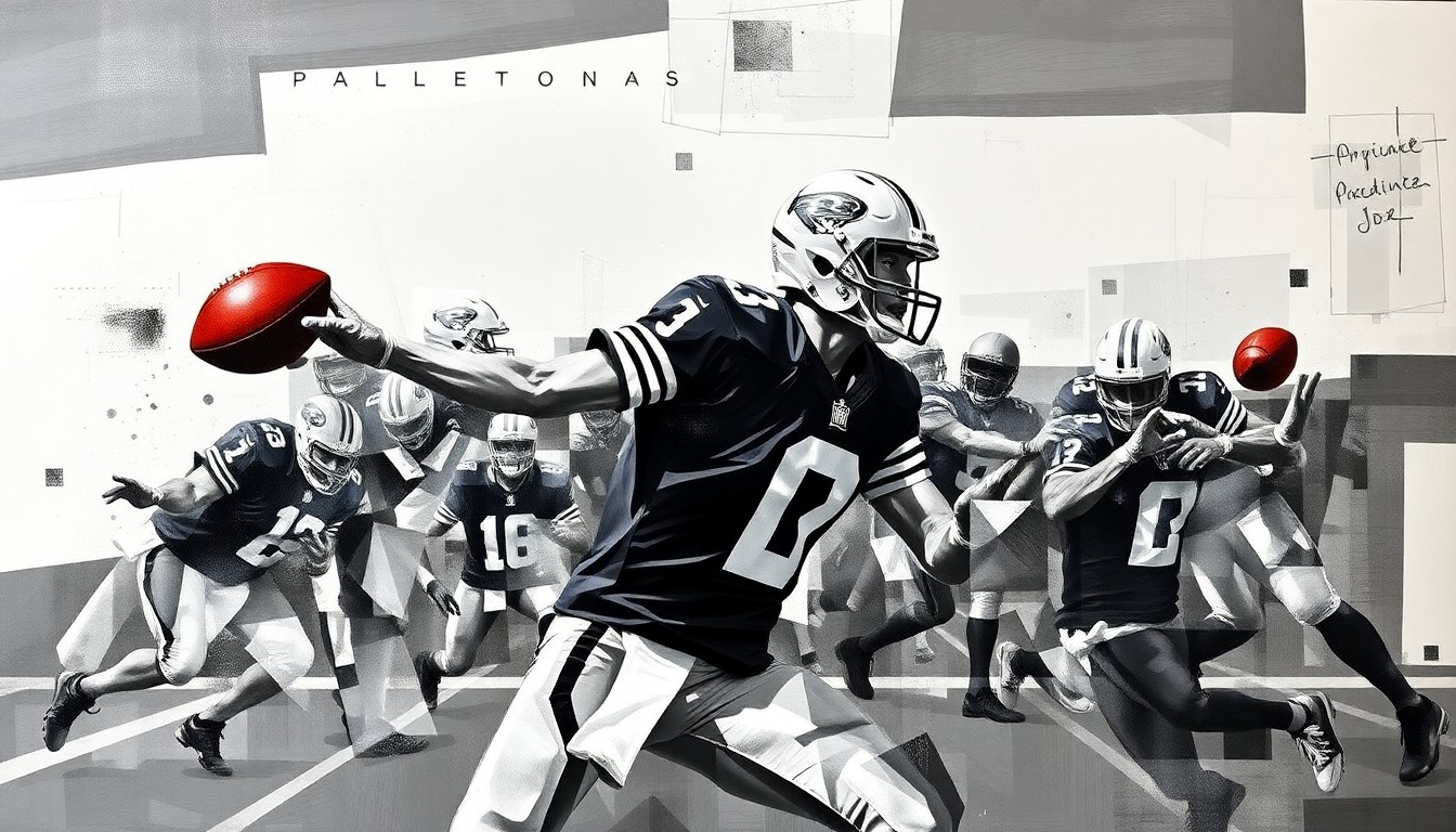 A fragmented, geometric painting depicting a quarterback in motion, with sharp planes of black, white, and gray representing the dynamic nature of the sport.