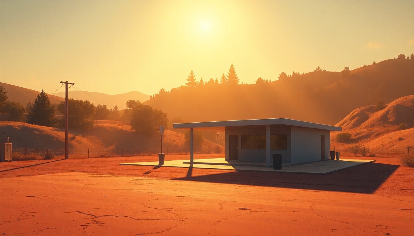 A photorealistic painting of a well-lit, modern public shooting range facility with a simple, clean design, conveying a sense of community and responsible outdoor recreation.