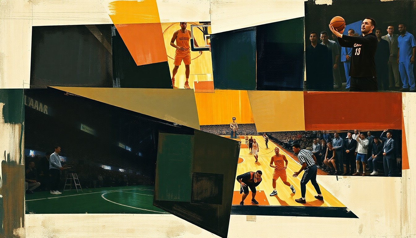 A cubist-style painting depicting fragmented, overlapping geometric shapes in shades of orange, blue, and grey, representing the complex process of rebuilding an NBA franchise's front office.