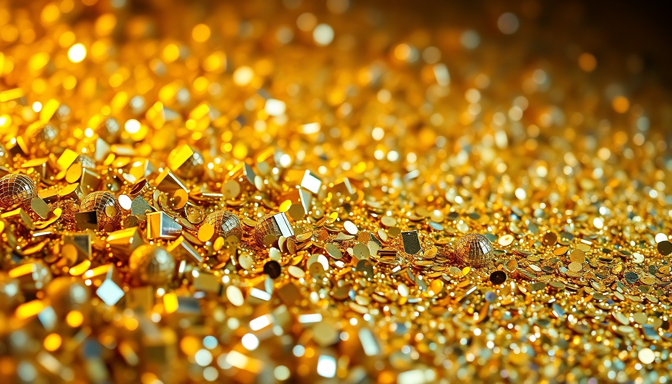 An abstract close-up image of shimmering gold sequins and glittering disco ball fragments, captured in dramatic high-contrast lighting to create a glamorous, high-fashion aesthetic.