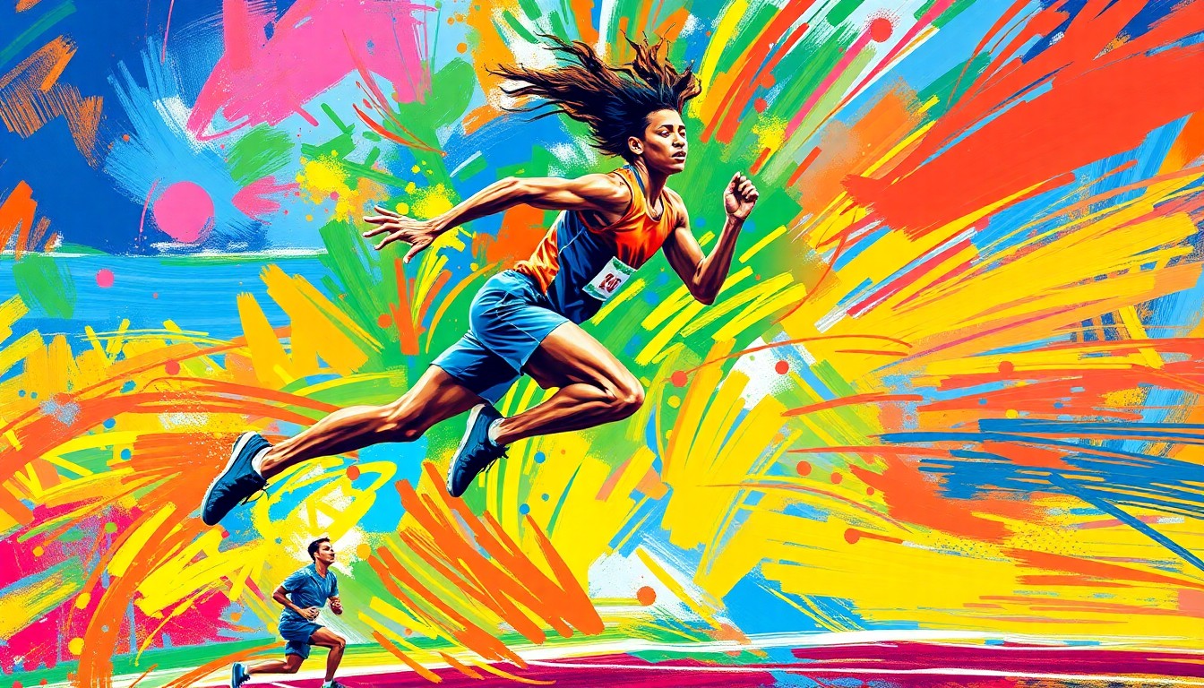 An abstract, expressionist painting using vibrant neon colors and energetic brushstrokes to depict the dynamic motion of a high school track and field athlete in mid-jump, capturing the raw athleticism and competitive spirit of these small-town competitors.