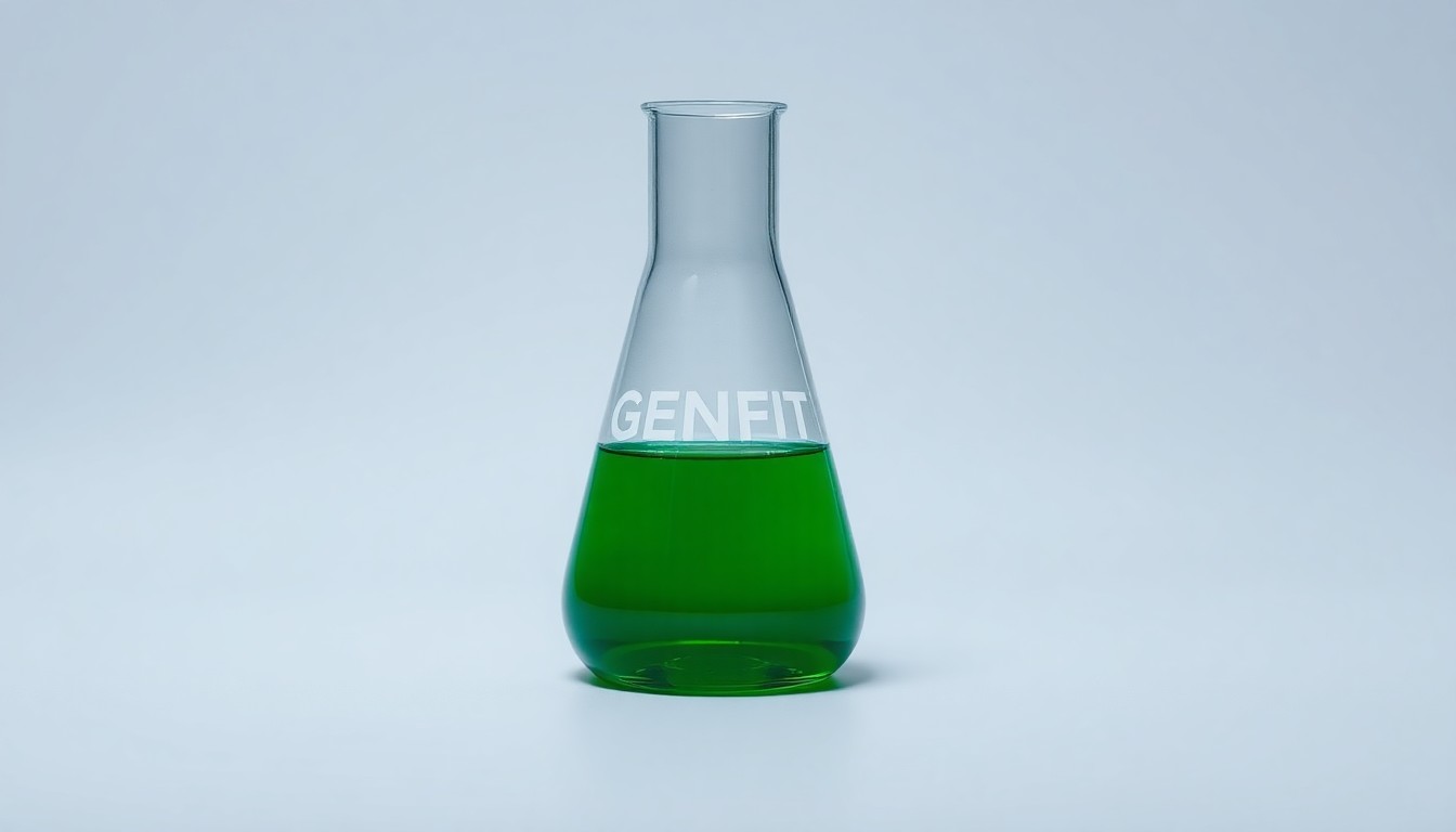 A photorealistic studio still-life image featuring a polished glass beaker filled with a vibrant green liquid, symbolizing GENFIT's innovative pharmaceutical research and development.