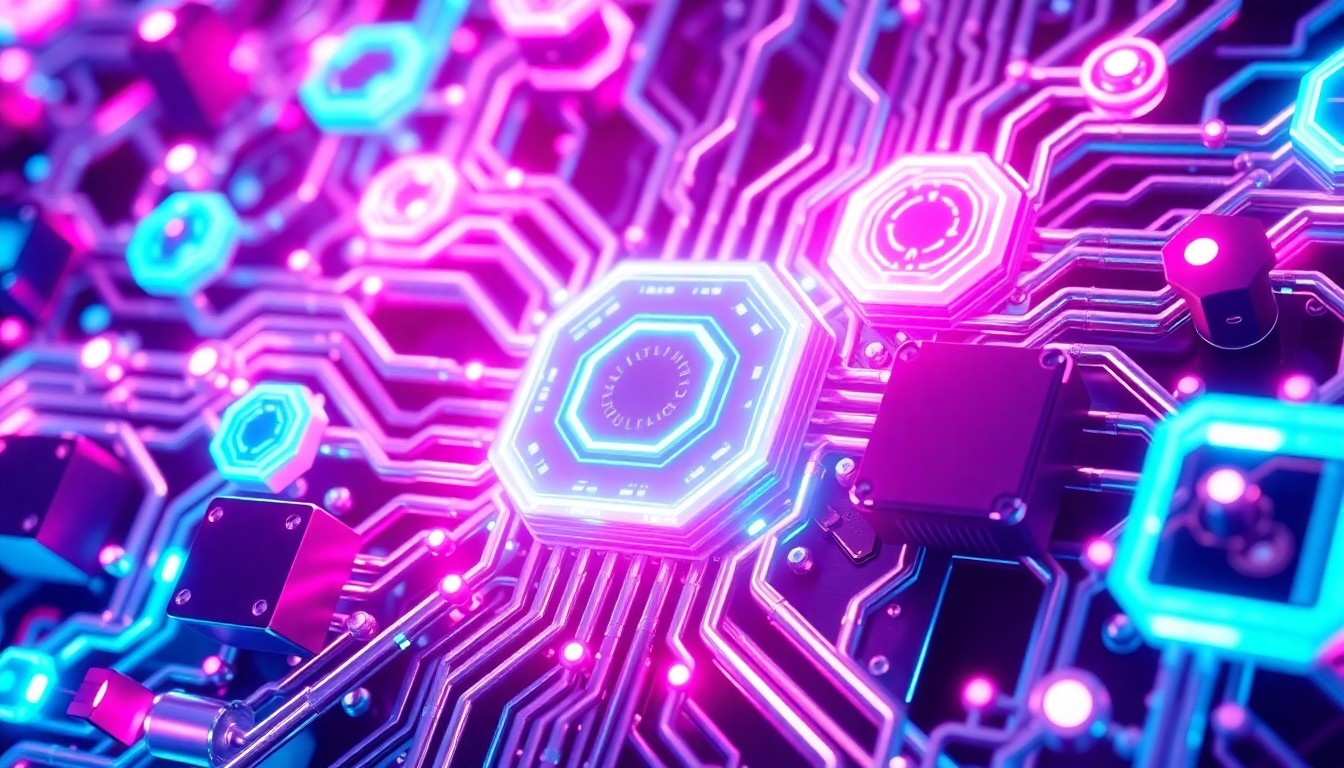A highly detailed 3D illustration of glowing, interconnected cybernetic hardware components in shades of neon blue, magenta, and white, conceptually representing the complex digital infrastructure powering the rapid advancement of artificial intelligence.