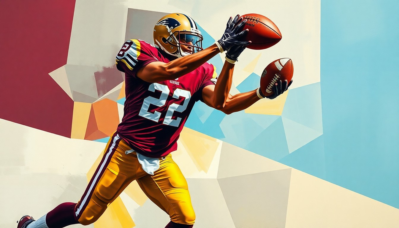 A fragmented, geometric painting depicting a football player in mid-air making a catch, with the player's body and the ball broken down into sharp, overlapping planes of burgundy, gold, and white.