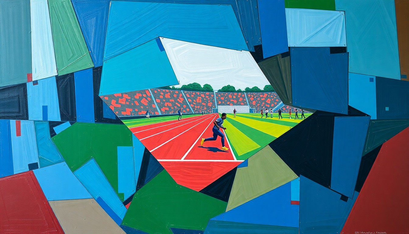 A fragmented, geometric painting depicting an abstract high school track and field competition, with sharp planes of color and overlapping athletic movements.