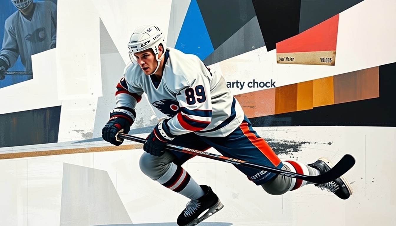 A cubist-style painting depicting a hockey player in motion, broken down into sharp, overlapping geometric shapes and planes in a variety of blues, greens, and grays, conceptually representing the multifaceted nature of Elias Pettersson's role in the Canucks' rebuilding process.