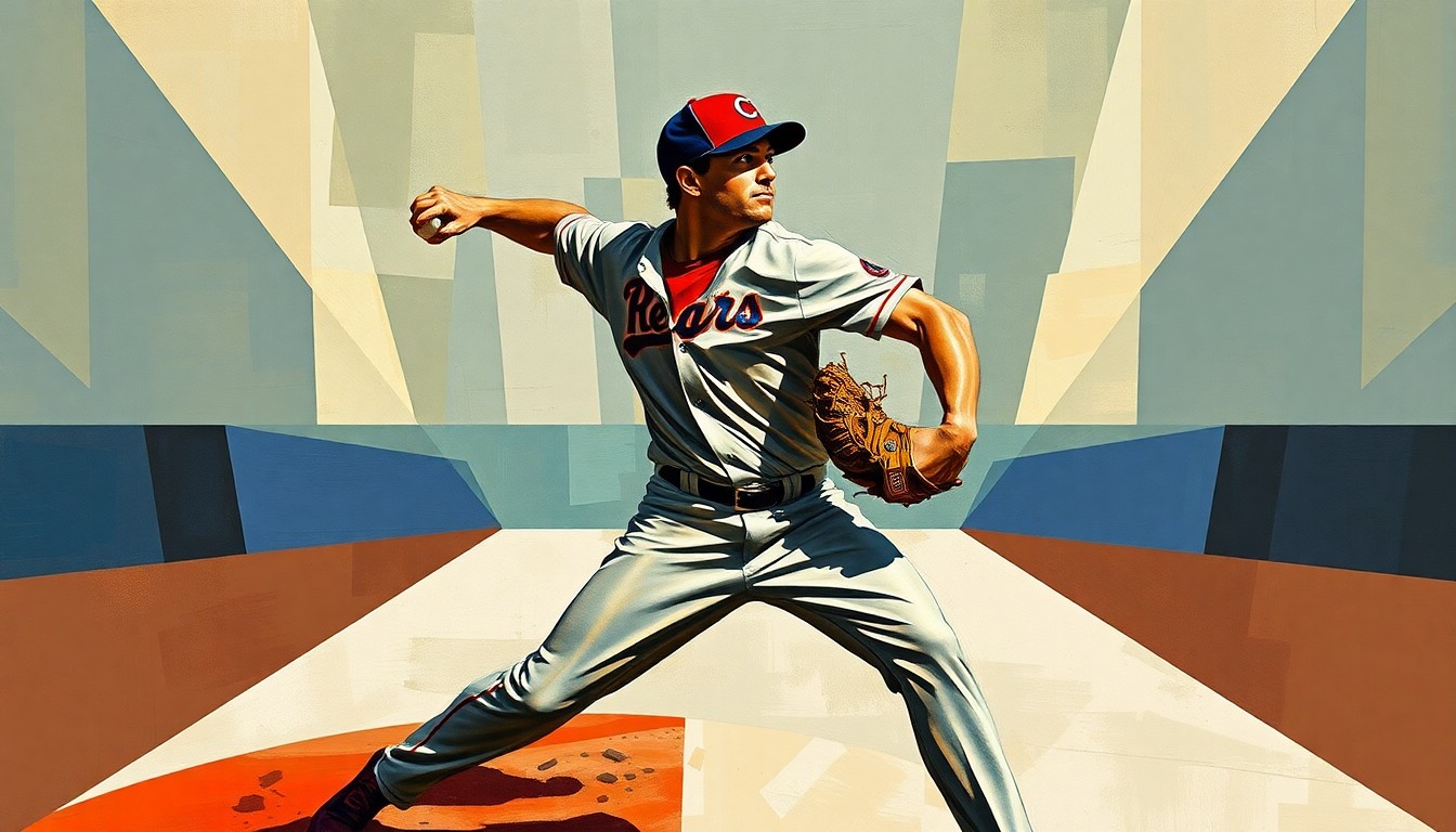 A cubist, geometric painting depicting a baseball pitcher's throwing motion broken down into sharp, overlapping planes of color and form, conveying the disruption caused by the Twins' loss of Mick Abel to injury.