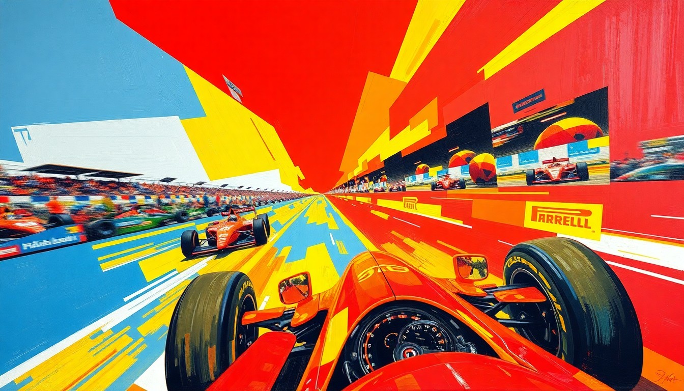 A cubist, geometric painting depicting an Indy car race, with the car and track broken down into sharp, overlapping planes of bright red, yellow, and blue, creating a sense of speed and motion.