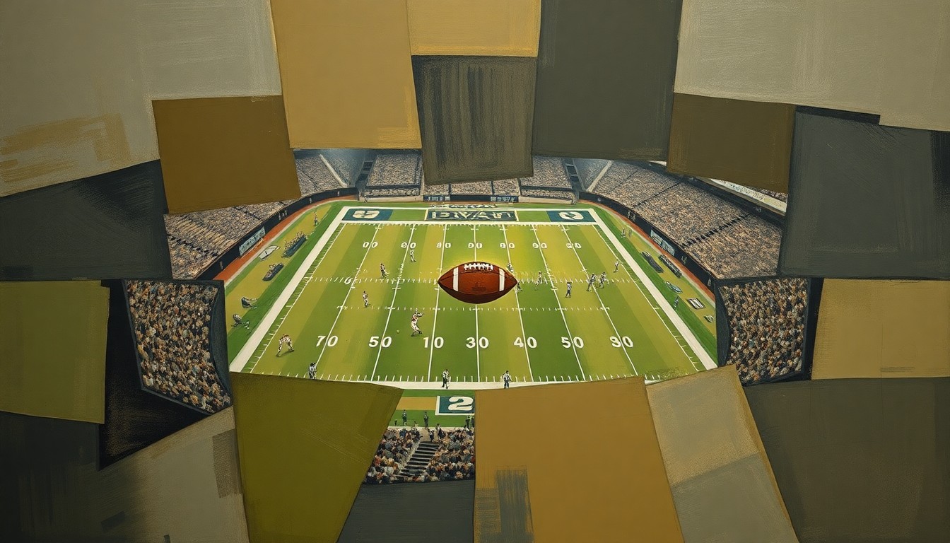 A fragmented, geometric painting depicting an abstract football scene, with sharp planes of muted earth tones representing the 49ers' draft strategy deliberations.