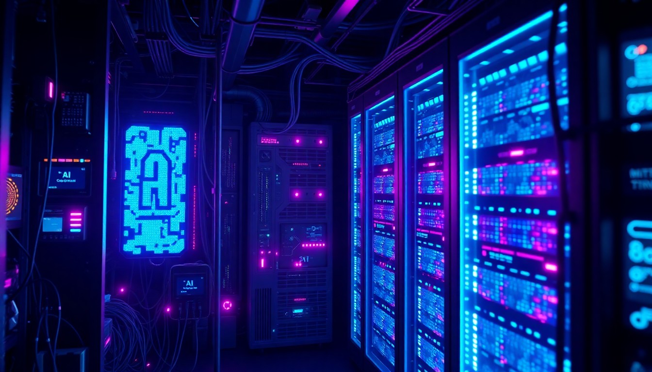 A highly detailed, glowing 3D illustration of an intricate AI hardware system, with illuminated circuit boards, data cables, and server racks in a dark, moody environment, conveying the complex and futuristic nature of enterprise-grade AI infrastructure.