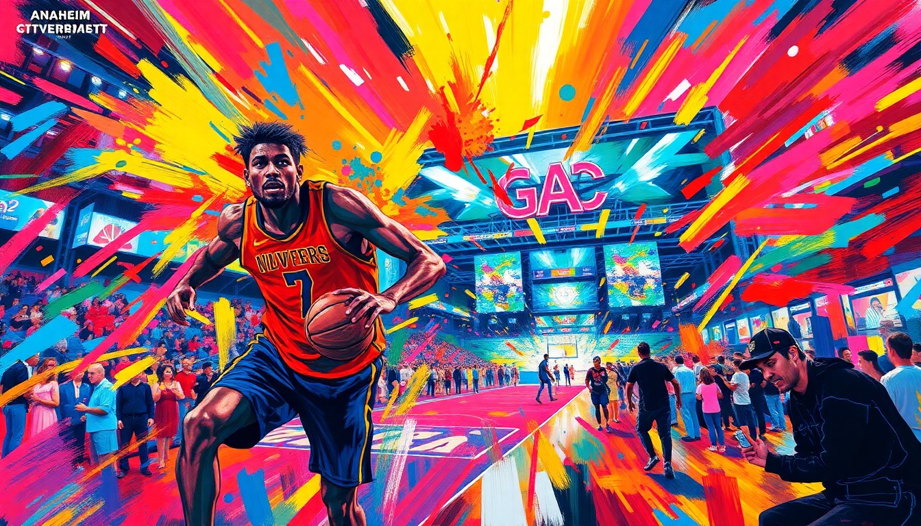 An abstract, energetic painting in neon colors and bold brushstrokes, capturing the excitement and intensity of a sports or gaming event at the Anaheim Convention Center.