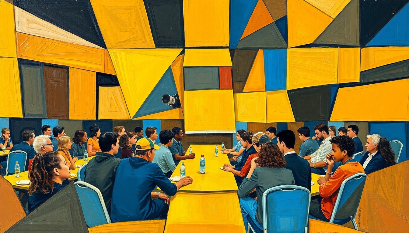 A cubist, geometric painting depicting an abstract scene of a youth sports awards ceremony, with overlapping planes of color and shape representing the energy and celebration of the event.
