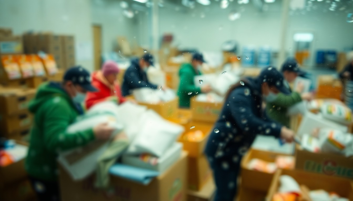 An extremely blurred, abstract photograph showing the silhouettes of volunteers handling boxes and bags of food in a warm, hazy setting, conceptually representing the compassionate community effort behind Feeding Charlotte's hunger relief initiatives.
