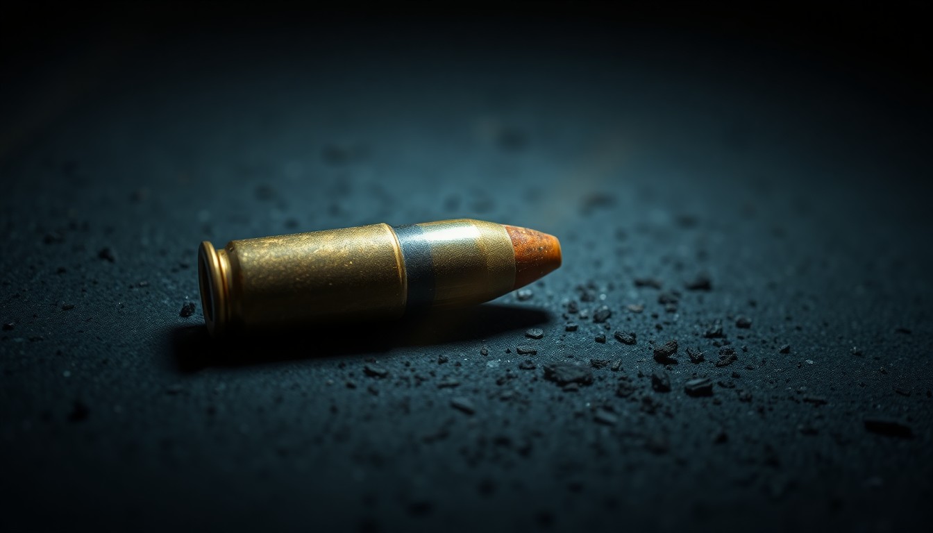 An extreme close-up of a spent bullet casing on a dark, textured surface, dramatically lit by a harsh camera flash to create a stark, gritty visual representation of the violent incident.