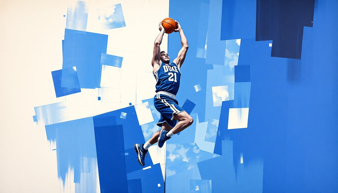 A fractured, geometric painting depicting a basketball player in mid-jump shot, their form broken down into sharp, overlapping planes of Duke blue, white, and black, conceptually representing the multifaceted nature of the sport and Ngongba's importance to Duke's success.