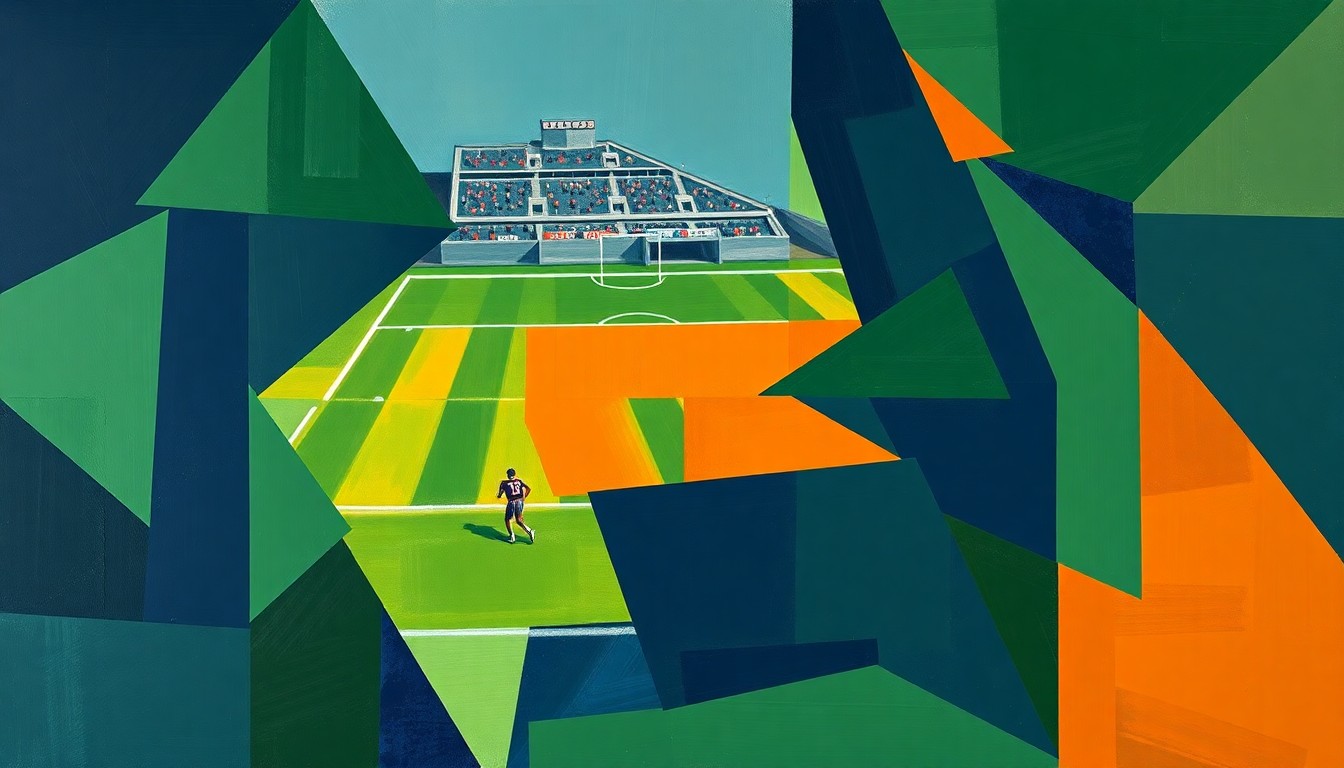A fractured, cubist-style painting depicting the overlapping geometric shapes and planes of a football game, with the colors navy blue, hunter green, and burnt orange used to represent the complex situation facing the Indianapolis Colts as they navigate trade requests from two important players.