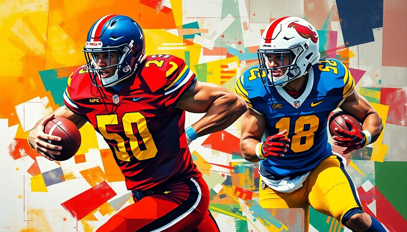 A fractured, geometric painting depicting a football player in motion, with sharp planes of color representing the player's movements and the competing teams' uniforms.