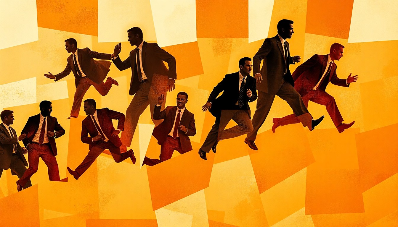 A vibrant, abstract painting in shades of brown, orange, and red depicting the silhouettes of lawmakers in motion, conveying the chaotic and partisan nature of Congress.