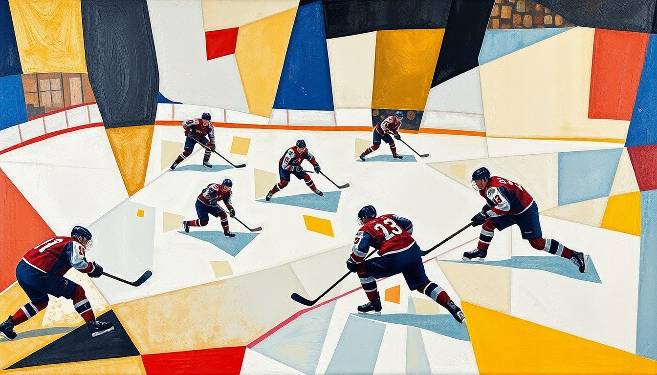 A cubist, geometric painting depicting a hockey game, with the players and ice broken down into abstract shapes and planes of color, creating a dynamic, angular composition.