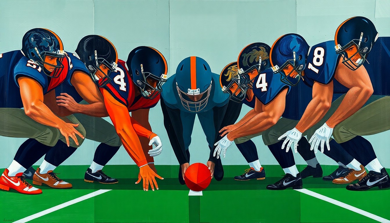 A fragmented, geometric painting depicting a football offensive line, with sharp planes of navy, orange, and green colliding to create a sense of instability and unbalance.