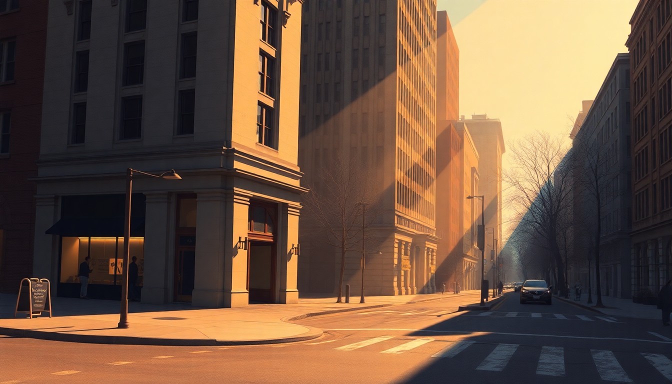 A serene, shadowy painting of a city street corner with a government building in the background, capturing the quiet, contemplative mood of urban renewal efforts.