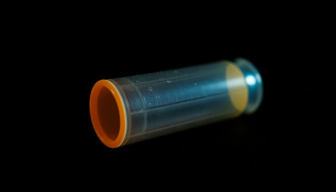 An extreme close-up photograph of a water gun shell casing on a dark background, lit by a harsh, direct camera flash, conceptually representing the tragic consequences of a water gun fight gone wrong.
