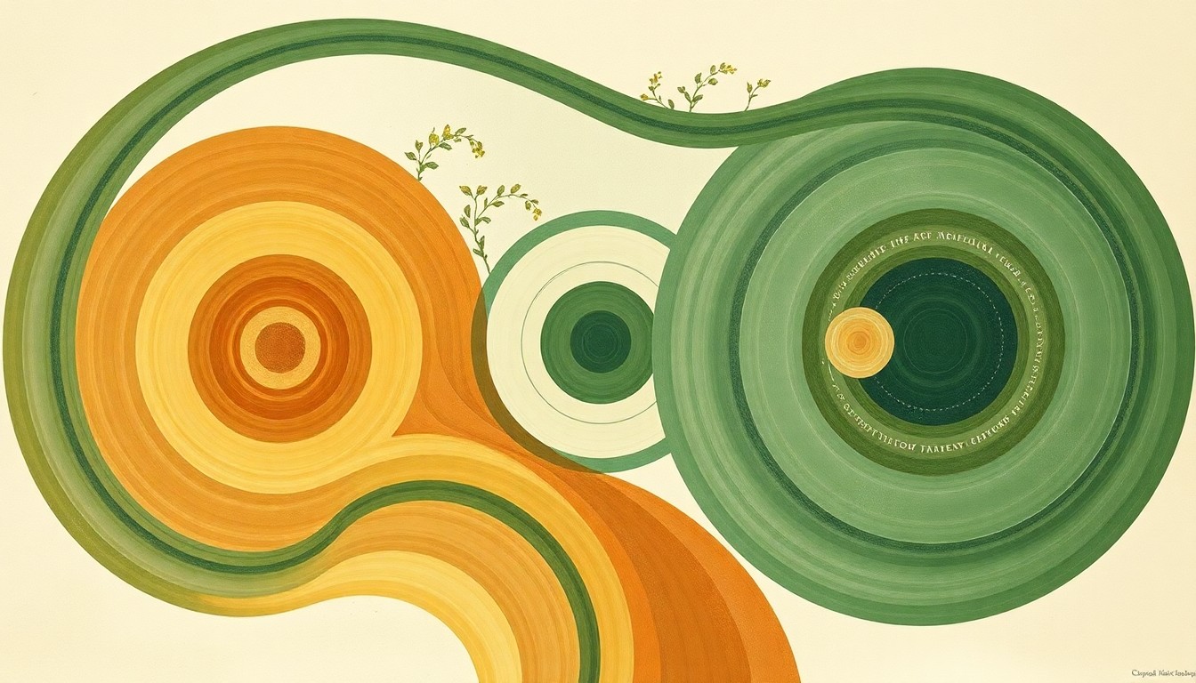 A highly structured abstract painting featuring sweeping geometric arcs, concentric circles, and precise botanical spirals in earthy tones of green, brown, and blue, conceptually representing the complex interplay of nitrogen cycles, soil composition, and sustainable agricultural practices.