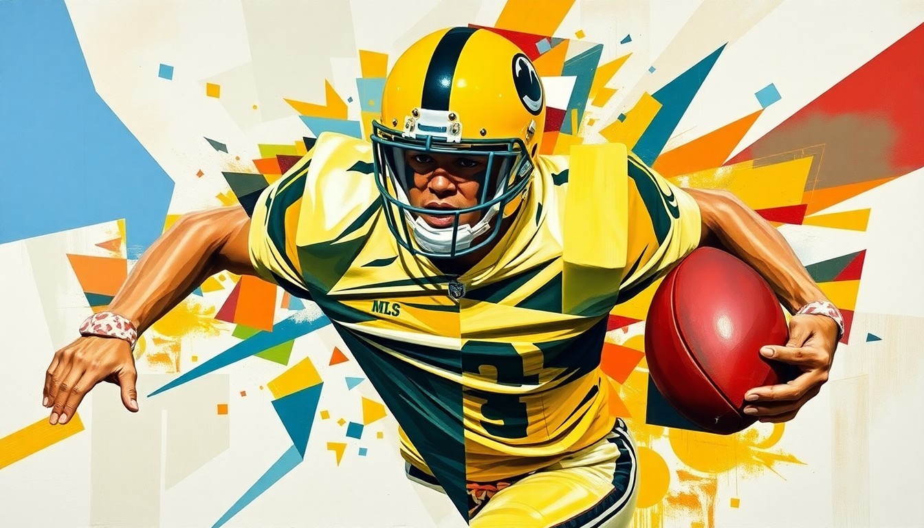 A fractured, multi-perspective painting in the style of Pablo Picasso, breaking down a football player's movements into sharp, overlapping geometric planes of color and abstract shapes.