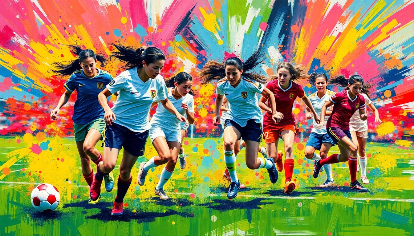 An abstract expressionist painting in neon colors depicting the dynamic movement and energy of a girls' high school soccer match, with players' forms blending into vibrant brushstrokes.