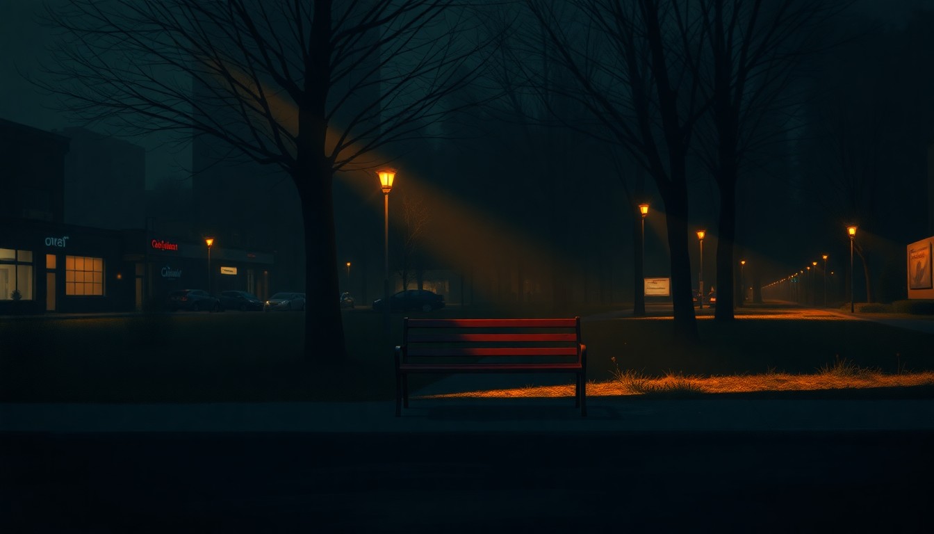 A serene, cinematic painting of a lone park bench in an urban setting, with warm sunlight and deep shadows creating a contemplative mood, conceptually representing the tensions surrounding the proposed homeless shelter.