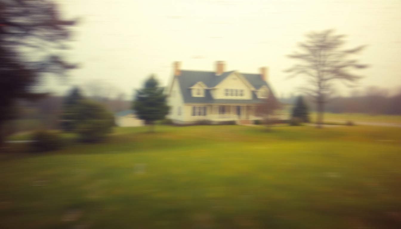 An abstract, out-of-focus scene of a golf course fairway with a house in the background, rendered in warm, soft-focus tones that evoke a sense of tranquility and comfort.