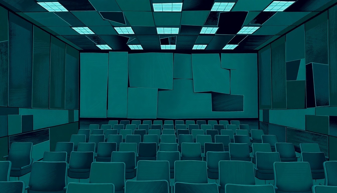 A dynamic, abstract painting of an empty school auditorium or board room, with overlapping geometric shapes and fractured lines in shades of navy, green, and grey, conceptually representing a lack of transparency and disruption in the school district's governance.