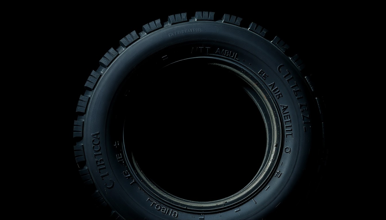 An extreme close-up photograph of a deflated ambulance tire against a pitch-black background, lit by a harsh, direct camera flash, conceptually illustrating the aftermath of a stolen emergency vehicle pursuit.