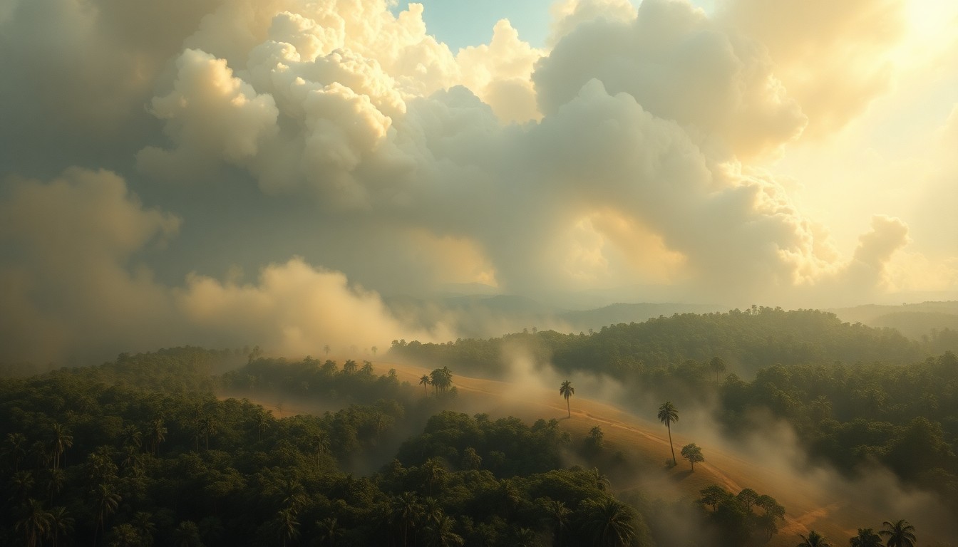 A dramatic, atmospheric landscape painting in muted earth tones, with a massive plume of smoke and flames consuming a vast expanse of Florida forest, conveying the overwhelming scale and power of the natural disaster.