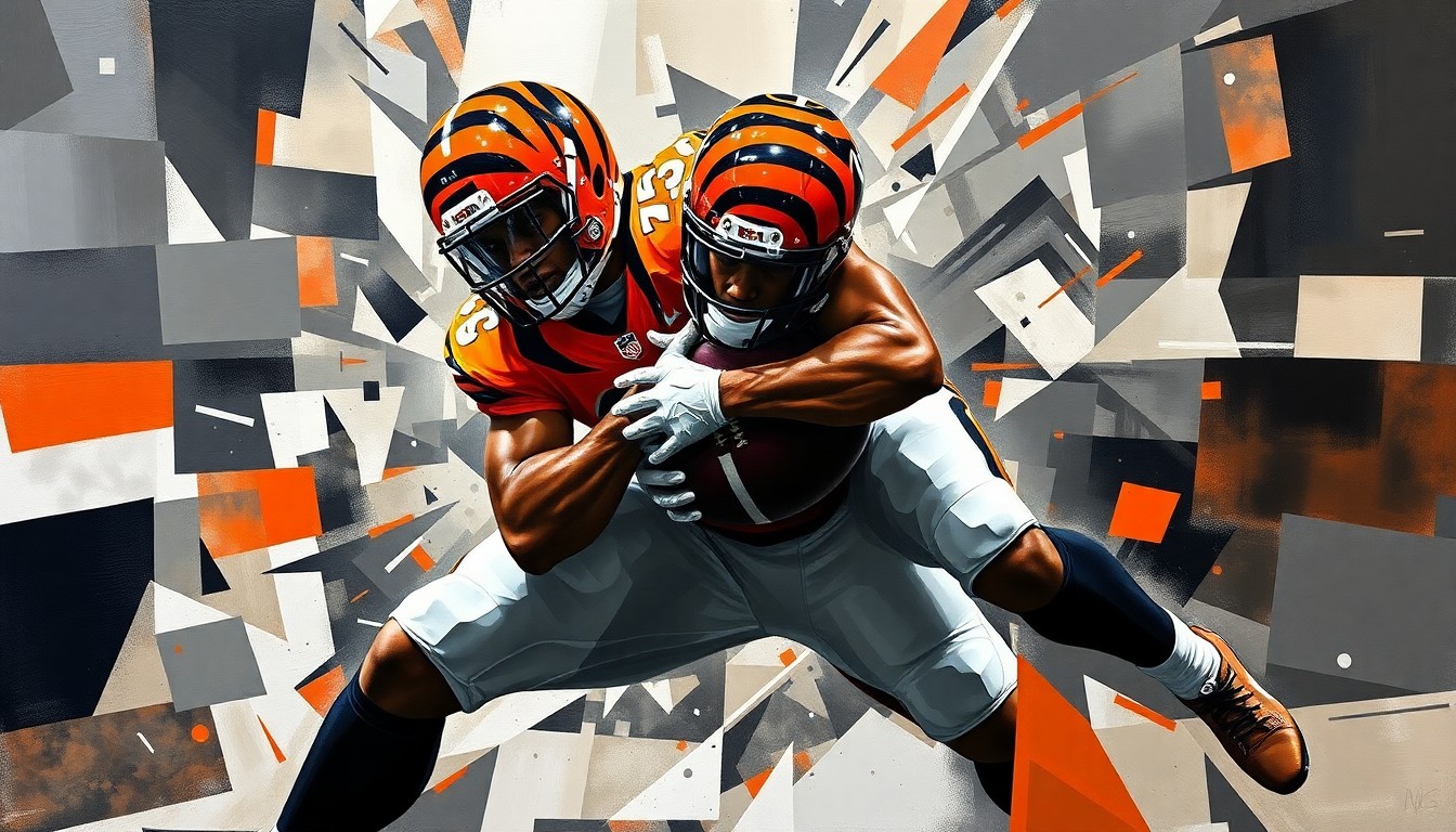 A cubist, geometric painting depicting a defensive tackle making a powerful tackle, with sharp, overlapping planes in Bengals colors capturing the raw energy of the play.