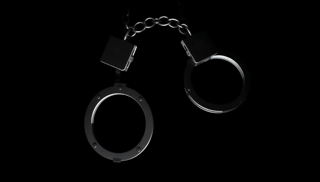 An extreme close-up photograph of a pair of metal handcuffs against a stark black background, the harsh lighting creating dramatic shadows and textures to convey a sense of gritty, investigative urgency around the incident.