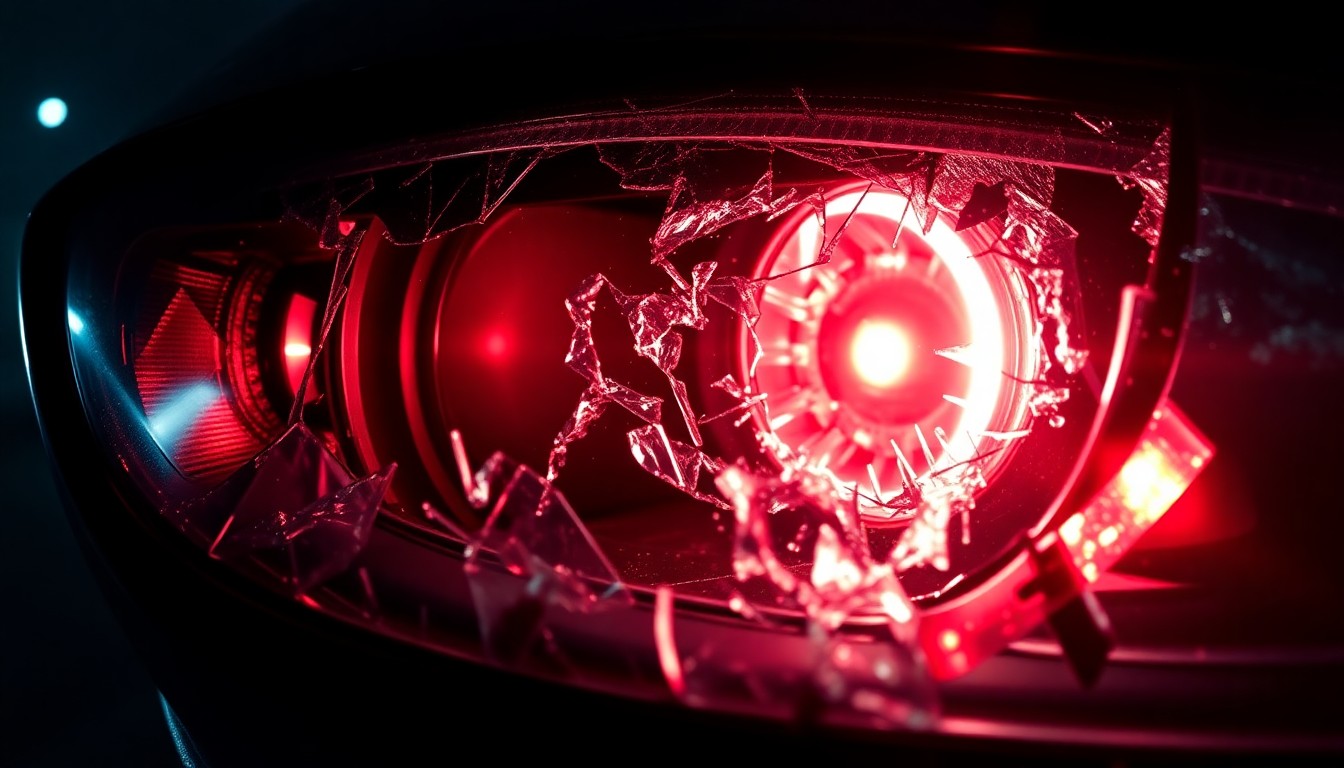 An extreme close-up photograph of a shattered car headlight lens reflecting a faint red glow, conceptually illustrating the aftermath of a high-speed crash involving a stolen vehicle.