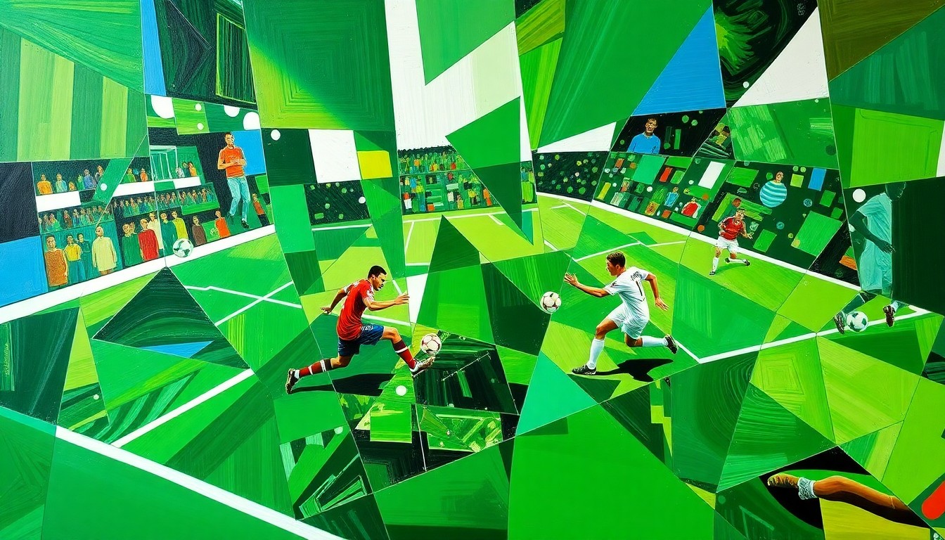 A cubist-style painting featuring overlapping geometric shapes and planes of color, representing the dynamic movements and energy of a high-intensity soccer match.