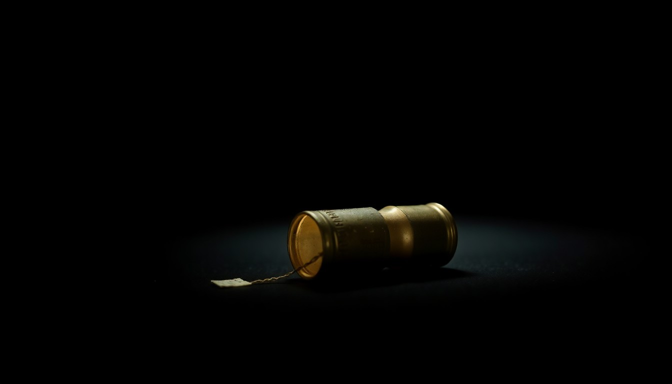 An extreme close-up photograph of a spent shell casing, lit by a harsh, direct camera flash against a pitch-black background, conveying a stark, gritty, investigative mood without words.