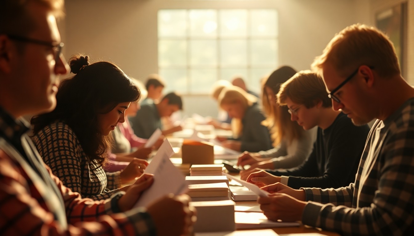 An extremely abstracted, out-of-focus photograph of people's hands assembling care packages and writing letters, with the scene bathed in soft, warm pools of light, conveying the emotional atmosphere of a community coming together to support wounded veterans.