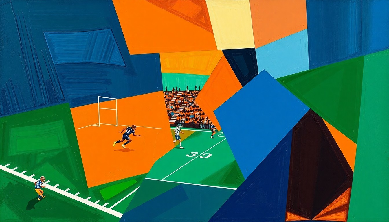 A fractured, multi-perspective painting in a cubist style, breaking down a football game into sharp, overlapping geometric planes in a palette of navy blue, burnt orange, and forest green, conceptually representing the uncertainty surrounding the upcoming NFL Draft.