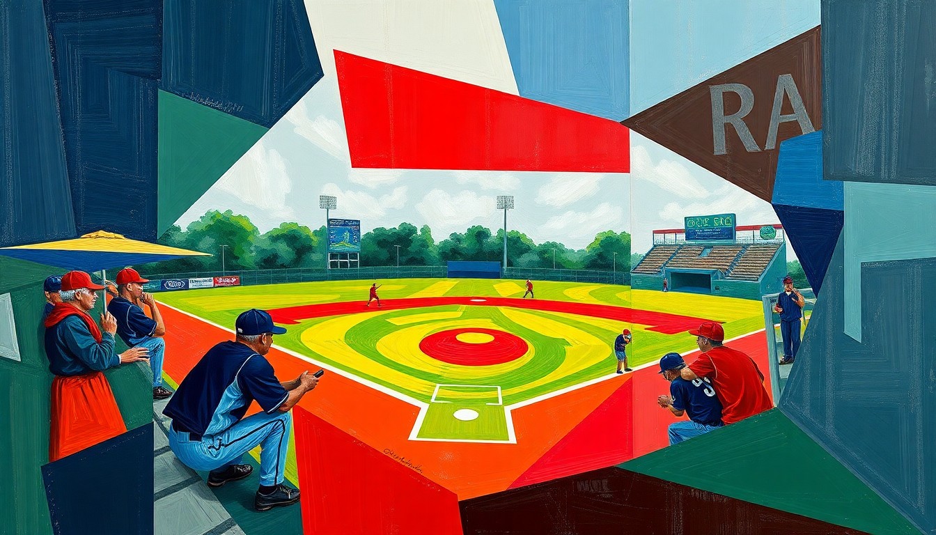 A cubist, geometric painting depicting a high school softball game, with the players and field broken down into sharp, overlapping planes of navy, green, and red, capturing the dynamic energy of the sport.