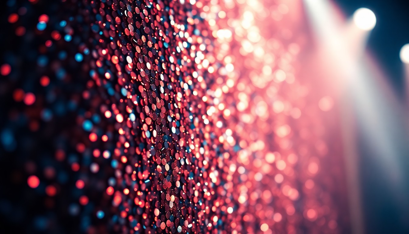 An extreme close-up photograph of shimmering, glittering sequins under dramatic studio lighting, creating an abstract, high-fashion texture that conceptually represents the energy and excitement of Lubbock's most iconic live music performances.