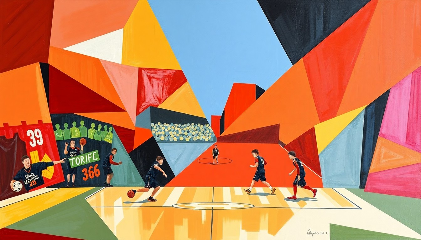 A cubist, geometric painting depicting a high school sports competition, with sharp overlapping planes of color representing the dynamic action.