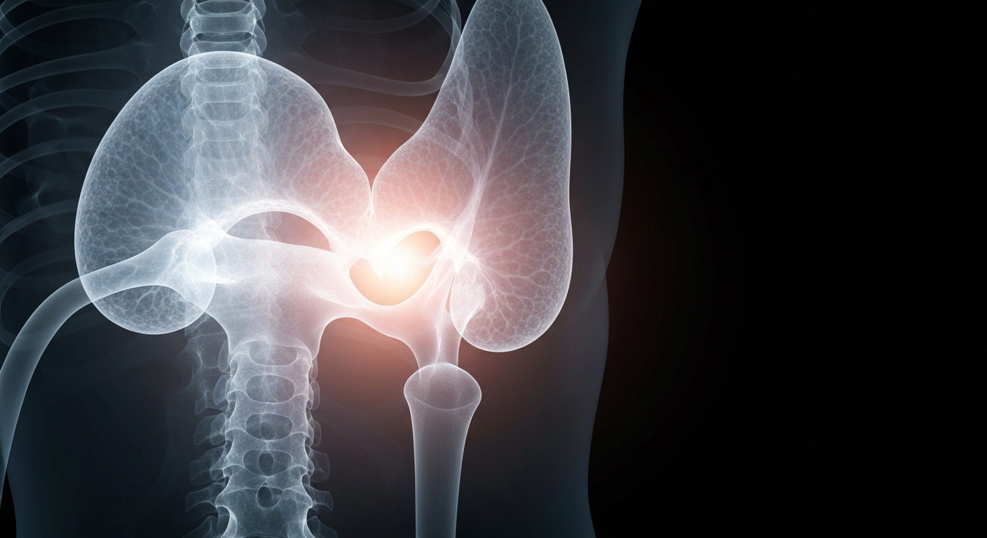 A translucent, ghostly X-ray image of a human prostate gland, its intricate structures and details revealed in a serene, clinical manner against a dark background.