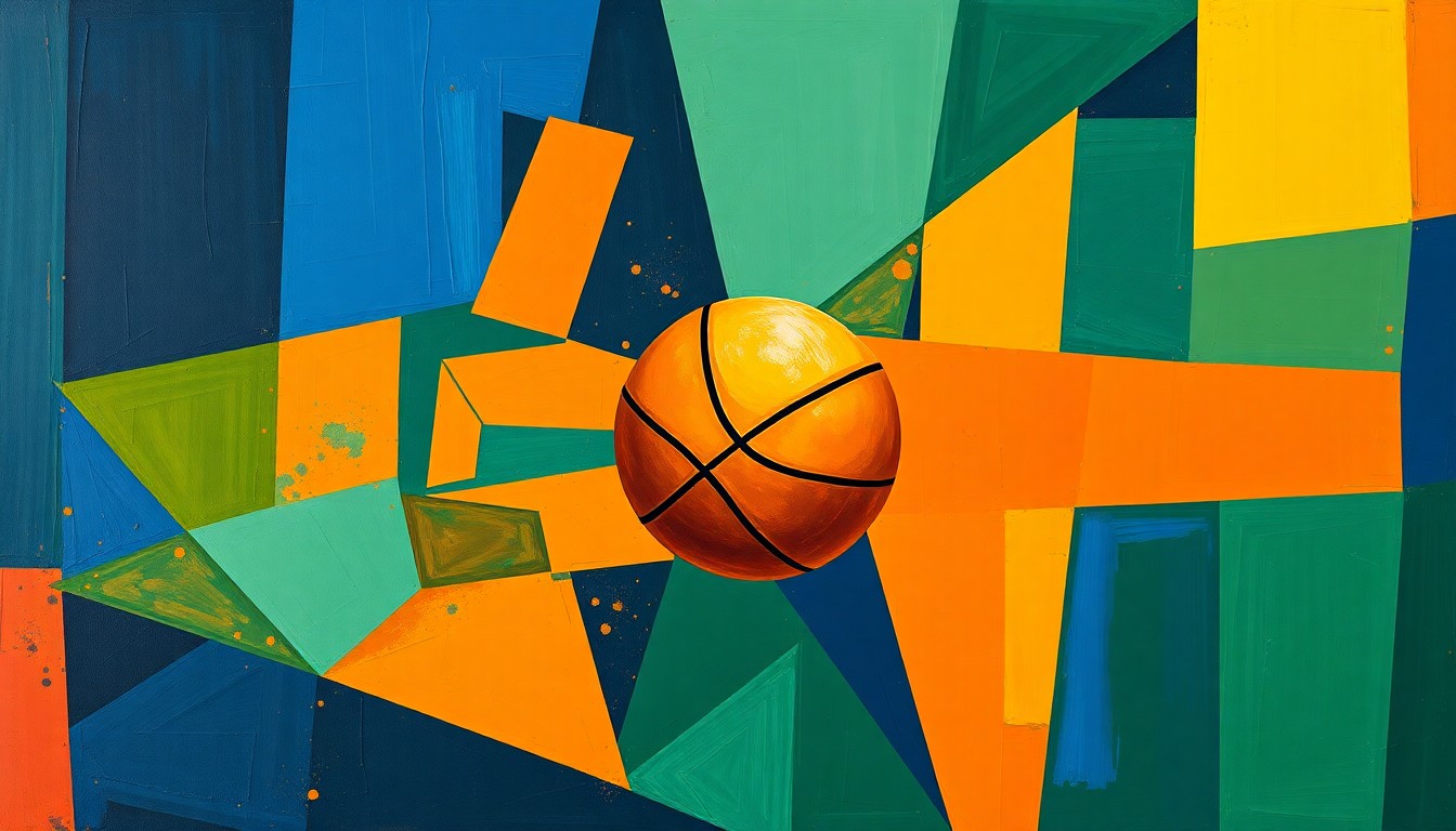 A cubist, geometric painting depicting a fragmented basketball game, with sharp planes of navy, green, and orange intersecting to create a dynamic, abstract composition.